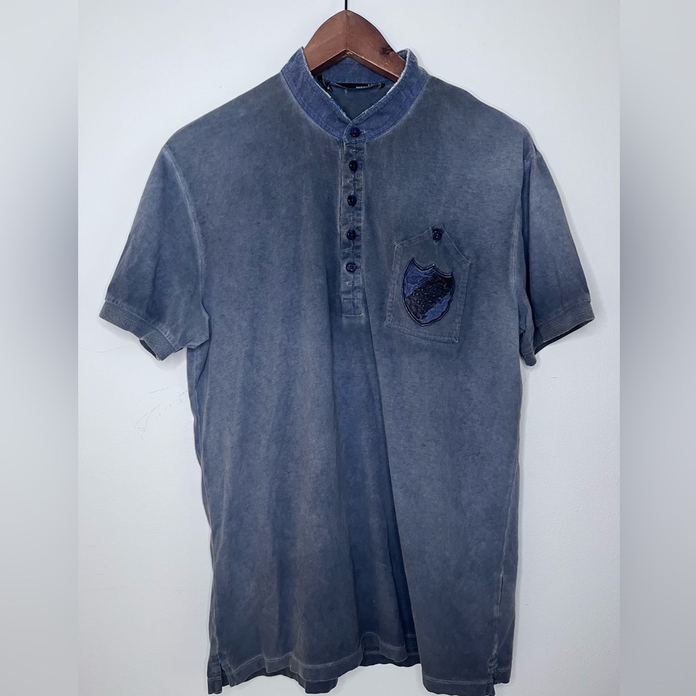 Love Moschino Blue Henley Short Sleeve T-Shirt w/ Logo Embroidered Badge Y2K L